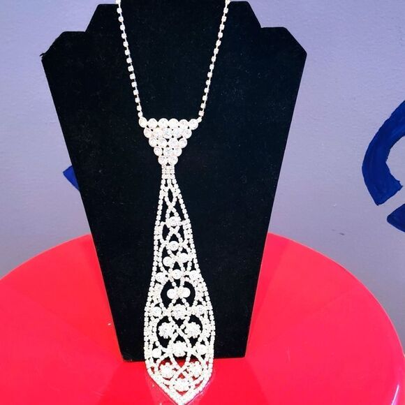 Elegant Silver Tie Diamond Studded Necklace - Picture 1 of 6